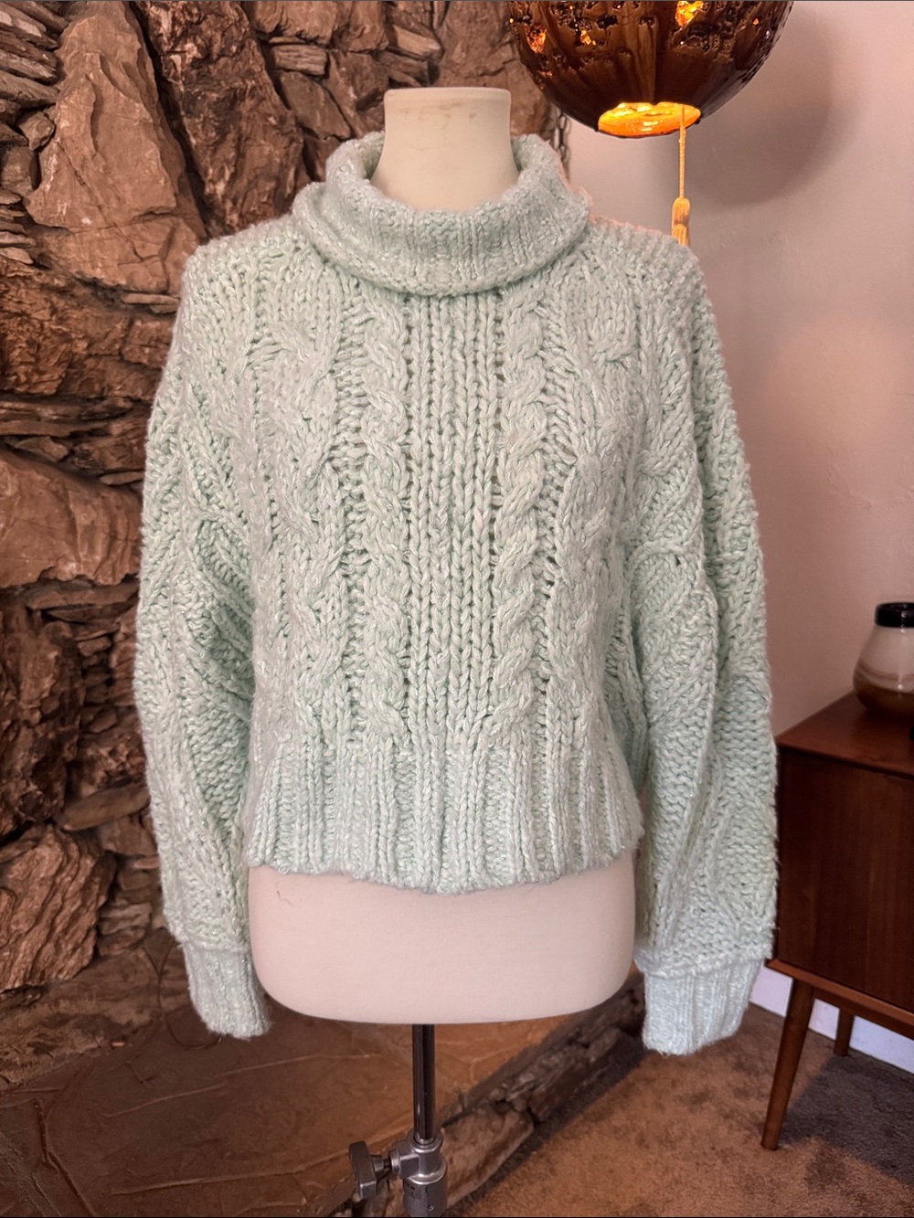 Anthropologie Mint / Teal Cable Knit Oversized Cropped Sweater